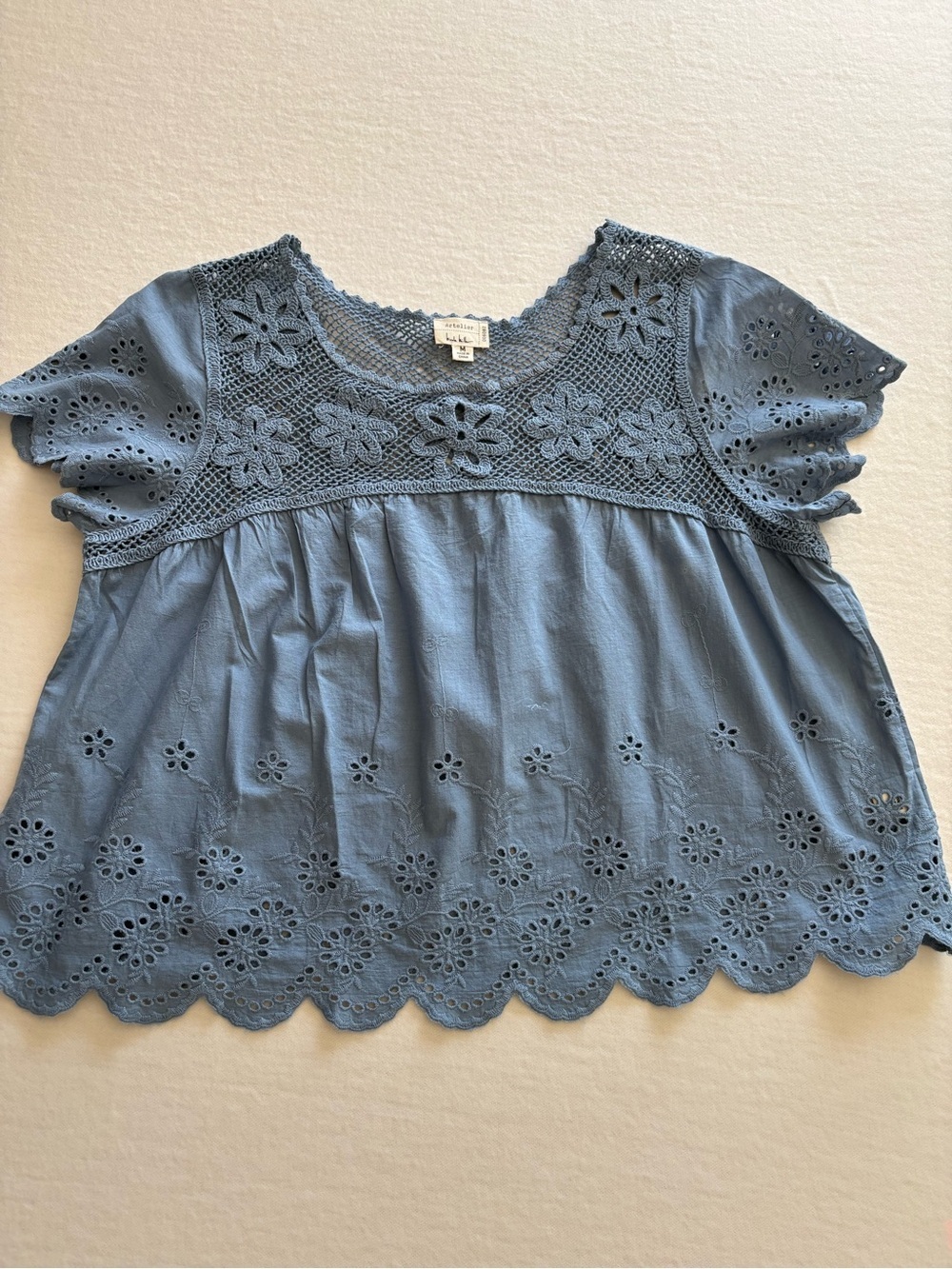 Nicole Miller Blue Eyelet Crochet Babydoll Top